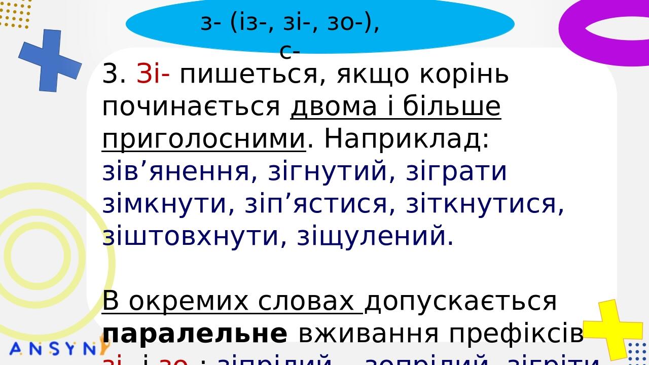 пре-, при-, прі- БЕЗ-, РОЗ-, ЧЕРЕЗ- та ін. з- (із-, зі-, зо-), с- 2. С пишеться перед буквами к, п, т, ф, х. Наприклад: скласти, сконцентрувати, ск...