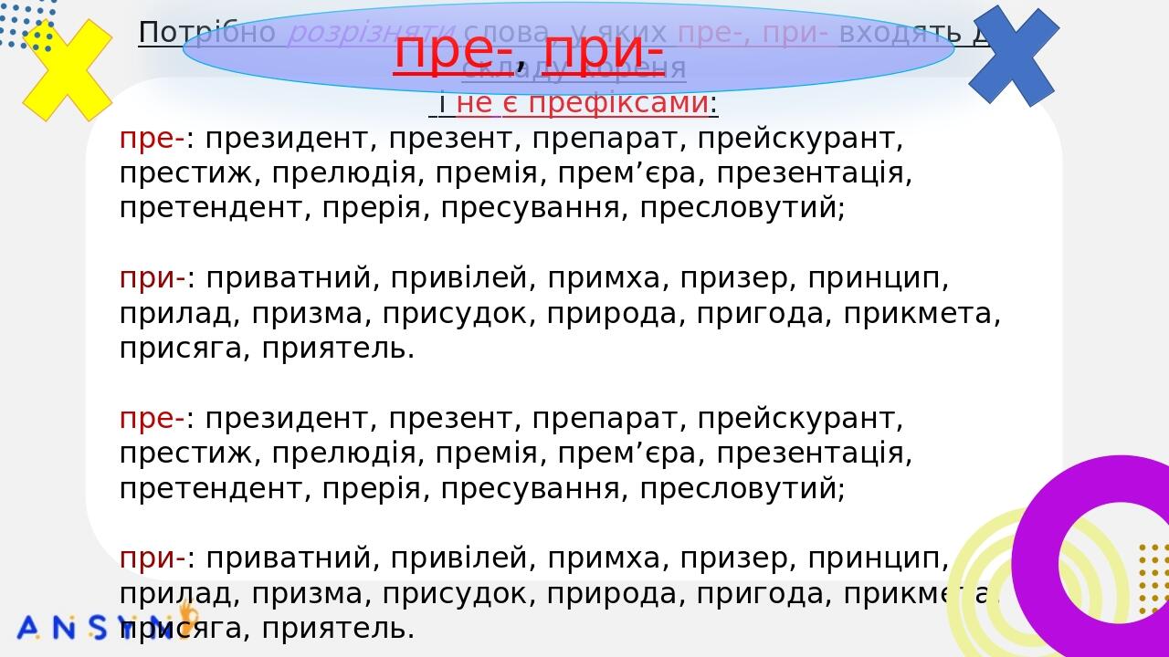 Потрібно розрізняти слова, у яких пре-, при- входять до складу кореня і не є префіксами: пре-: президент, презент, препарат, прейскурант, престиж, ...