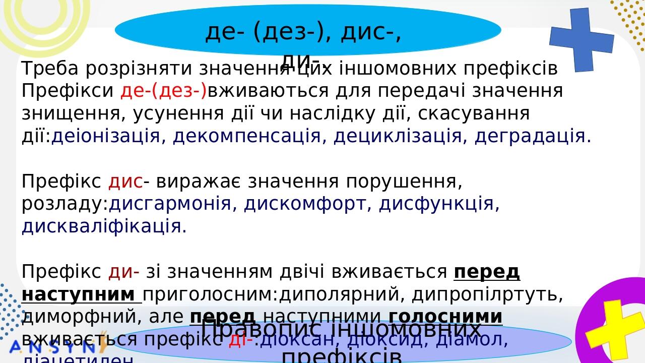 Правопис іншомовних префіксів пре-, при-, прі-, де- (дез-), дис-, ди-. БЕЗ-, РОЗ-, ЧЕРЕЗ- та ін. пере- Треба розрізняти значення цих іншомовних пре...
