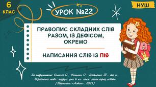 Презентація "Правопис складних слів разом, із дефісом, окремо. Написання слів із ПІВ". НУШ. 6 клас. Урок № 22