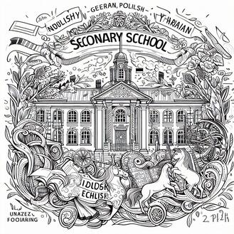 A detailed visually attractive and interesting professional children’s coloring page featuring logo of secondary school where is leart english, german, polish, ukrainian. Ensure that it is black and white, simple, with clear outlines, and spaces are wide enough for coloring. Avoid shading; the image should be purely black and white line art