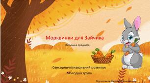 Презентація до онлайн -заняття(сенсорно-пізнавальний простір).Тема:"Морквинки для Зайчат"(величина предмета)