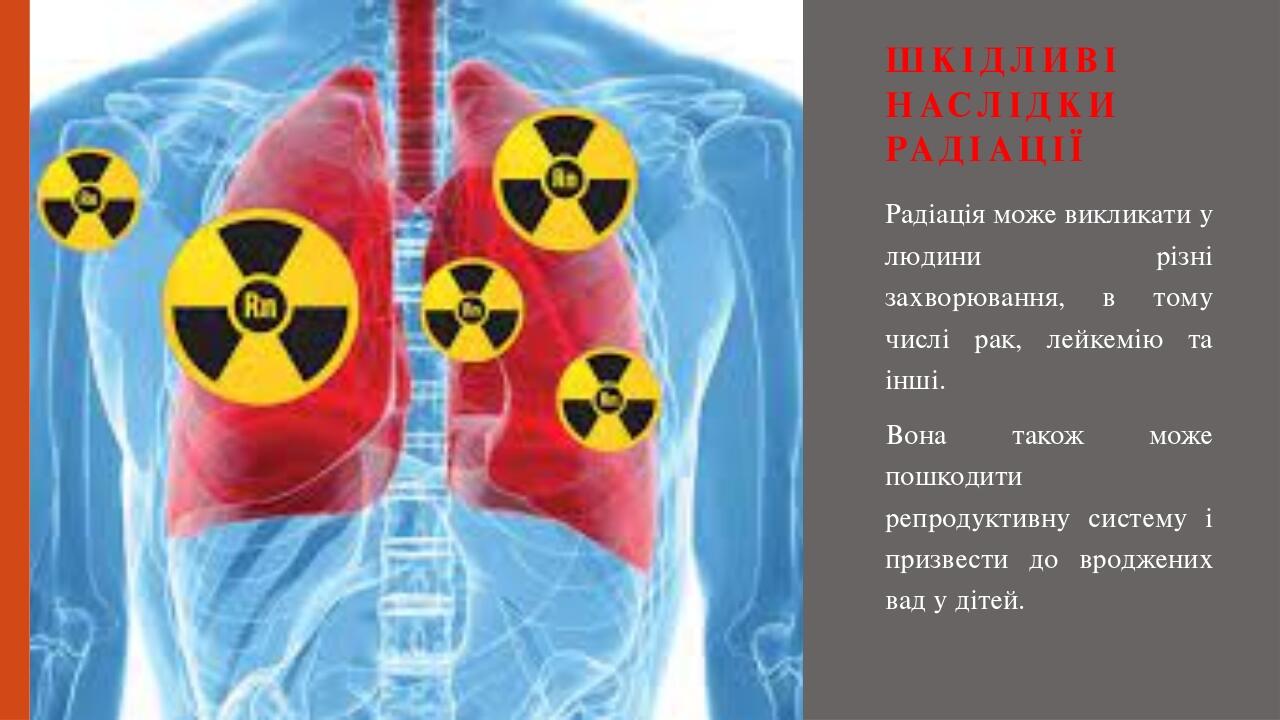 Шкідливі наслідки радіації Радіація може викликати у людини різні захворювання, в тому числі рак, лейкемію та інші. Вона також може пошкодити репро...