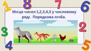 Місце чисел 1,2,3,4,5 у числовому ряді.  Порядкова лічба. (по системі Нумікон)