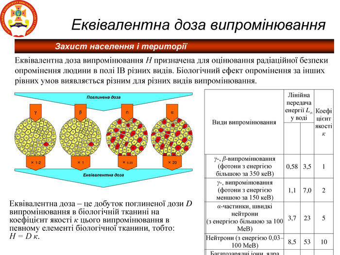 Захист населення і території Еквівалентна доза випромінювання Еквівалентна доза випромінювання Н призначена для оцінювання радіаційної безпеки опромінення людини в полі ІВ різних видів. Біологічний ефект опромінення за інших рівних умов виявляється різним для різних видів випромінювання. Еквівалентна доза Поглинена доза Ч 1-2 Ч 1 Ч 20 Ч 5-20 γ β α n Види випромінювання Лінійна передача енергії L∞ у воді Коефіцієнт якості к γ-, β-випромінювання (фотони з енергією більшою за 350 кеВ) 0,58 3,5 1 γ-, випромінювання (фотони з енергією меншою за 150 кеВ) 1,1 7,0 2 α-частинки, швидкі нейтрони (з енергією більшою за 100 МеВ) 3,7 23 5 Нейтрони (з енергією 0,03–100 МеВ) 8,5 53 10 Багатозарядні іони, ядра віддачі 28 175 20 Еквівалентна доза – це добуток поглиненої дози D випромінювання в біологічній тканині на коефіцієнт якості к цього випромінювання в певному елементі біологічної тканини, тобто: Н = D к.