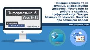 Онлайн-сервіси та їх функції. Інформаційні джерела. Реєстрація та робота в сервісах. Цифровий слід. Заходи безпеки та захисту. Поняття про захищені паролі