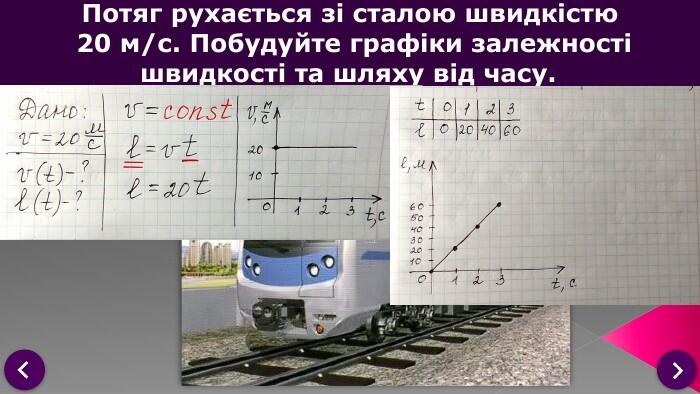 Розв’язування задач. Потяг рухається зі сталою швидкістю 20 м/с. Побудуйте графіки залежності швидкості та шляху від часу.