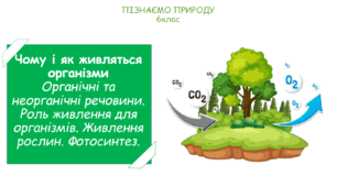 Презентація на тему "Чому і як живляться організми. Органічні та неорганічні речовини. Роль живлення для організмів. Живлення рослин. Фотосинтез."