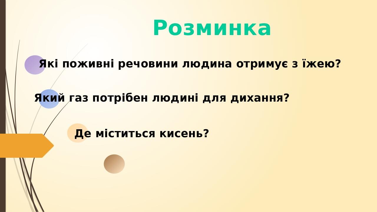 Розминка Які поживні речовини людина отримує з їжею? Який газ потрібен людині для дихання? Де міститься кисень?