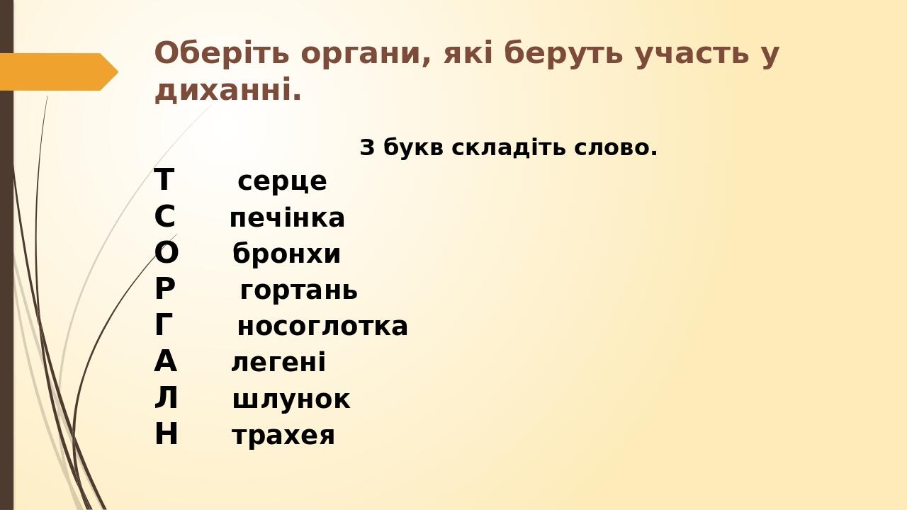 Оберіть органи, які беруть участь у диханні. З букв складіть слово. Т серце С печінка О бронхи Р гортань Г носоглотка А легені Л шлунок Н трахея