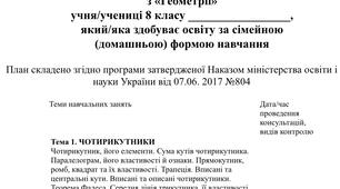 Індивідуальний навчальний план з геометрії 8 клас, для учнів які здобувають освіту за сімейною (домашньою) формою навчання.