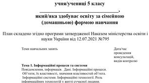 Індивідуальний навчальний план з інформатики для 5 класу за модельною програмою Ривкінда Й.Я. для учнів які здобувають освіту за сімейною (домашньою) формою навчання.