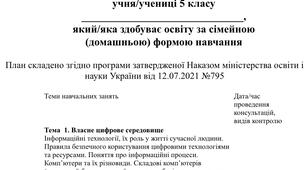 Індивідуальний навчальний план з інформатики для 5 класу за модельною програмою Пасічник О. В. для учнів які здобувають освіту за сімейною (домашньою) формою навчання. 