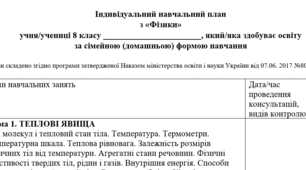 Індивідуальний навчальний план з фізики 8 клас, для учнів які здобувають освіту за сімейною (домашньою) формою навчання.