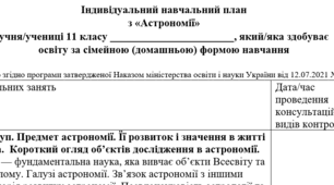 Індивідуальний навчальний план з астрономії 11 клас, для учнів які здобувають освіту за сімейною (домашньою) формою навчання.
