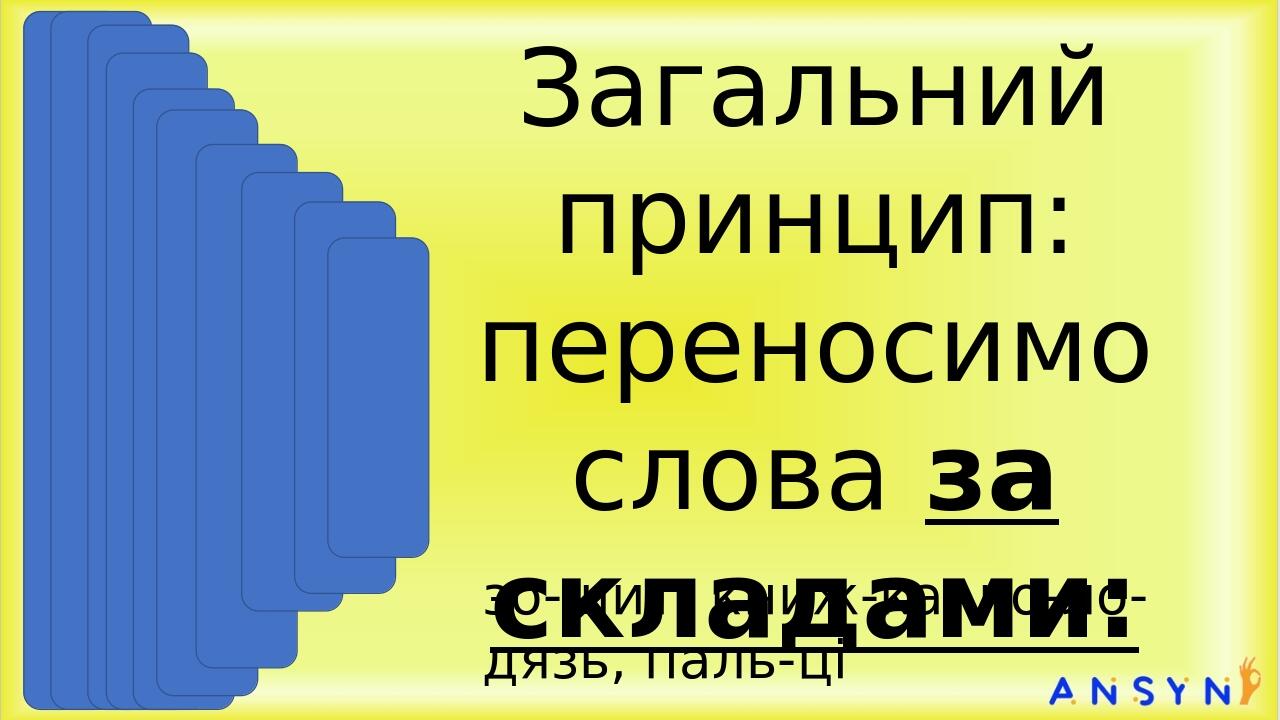 1) одну літеру не залишаємо в попередньому рядку, не переносимо в наступний: Загальний принцип: переносимо слова за складами: Загальний принцип: пе...