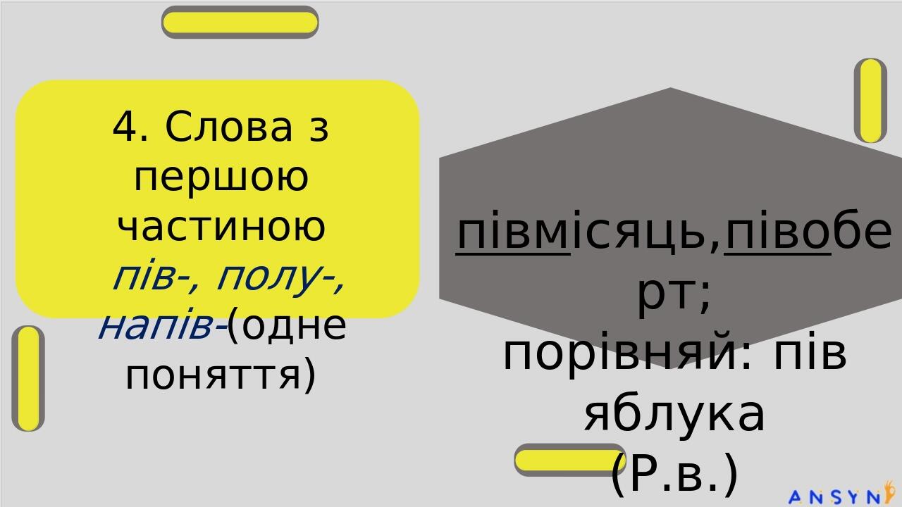 4. Слова з першою частиною пів-, полу-, напів-(одне поняття) півмісяць,півоберт; порівняй: пів яблука (Р.в.) стодвадцятип’ятимільйонний