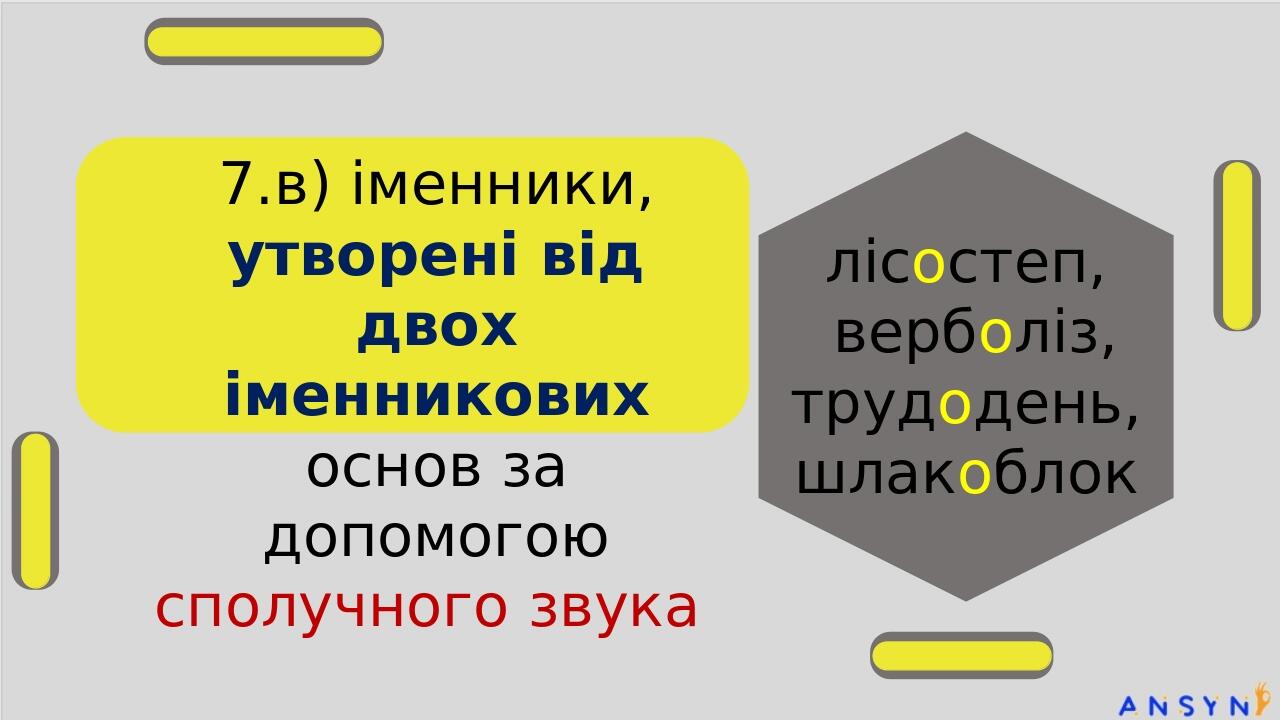 7.в) іменники, утворені від двох іменникових основ за допомогою сполучного звука лісостеп, верболіз, трудодень, шлакоблок стодвадцятип’ятимільйонний