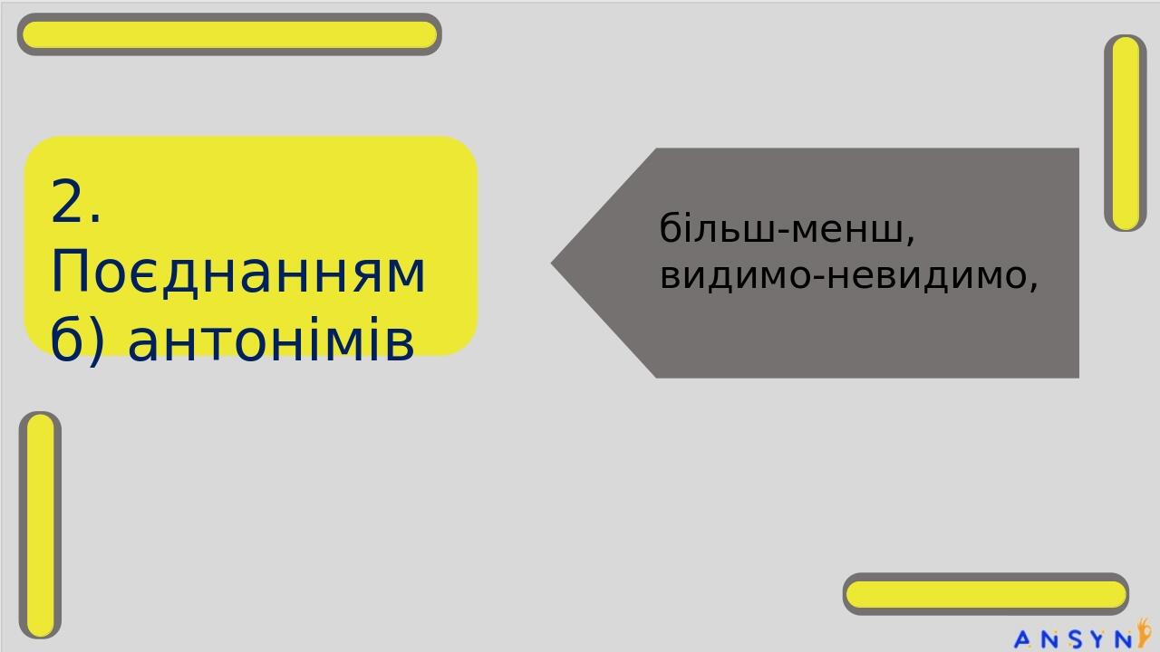2. Поєднанням б) антонімів більш-менш, видимо-невидимо,