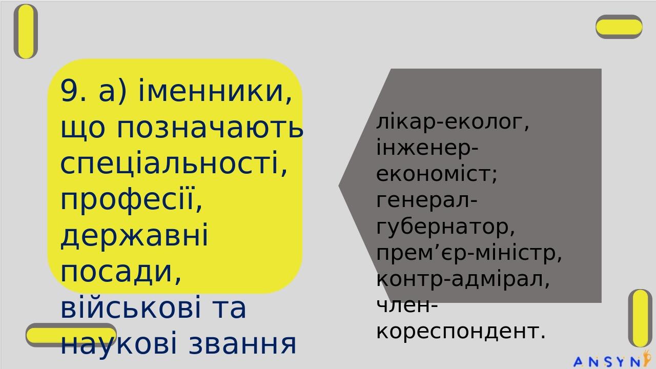 9. а) іменники, що позначають спеціальності, професії, державні посади, військові та наукові звання лікар-еколог, інженер-економіст; генерал-губерн...