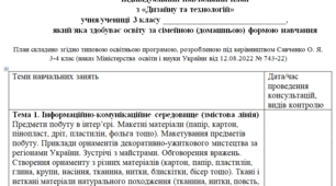 Індивідуальний навчальний план з дизайну та технологій 3 клас, для учнів які здобувають освіту за сімейною (домашньою) формою навчання.