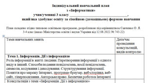 Індивідуальний навчальний план з інформатики 3 клас, для учнів які здобувають освіту за сімейною (домашньою) формою навчання.