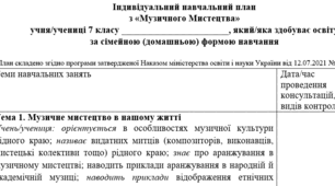 Індивідуальний навчальний план з музичного мистецтва  7 клас, для учнів які здобувають освіту за сімейною (домашньою) формою навчання