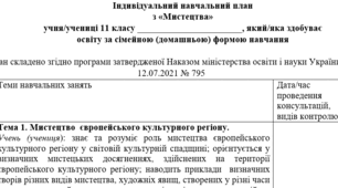Індивідуальний навчальний план з мистецтва 11 клас, для учнів які здобувають освіту за сімейною (домашньою) формою навчання.