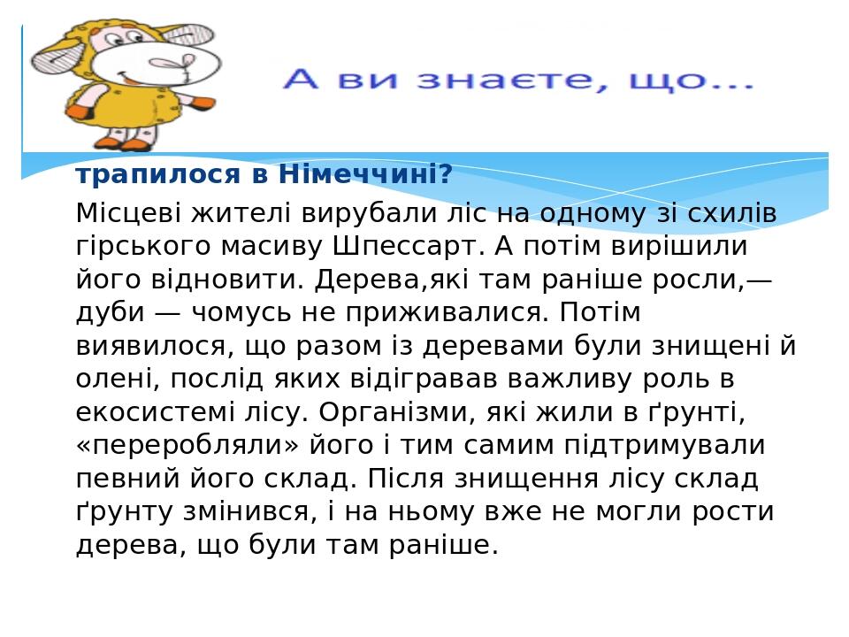 трапилося в Німеччині? Місцеві жителі вирубали ліс на одному зі схилів гірського масиву Шпессарт. А потім вирішили його відновити. Дерева,які там р...