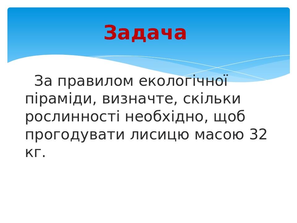   За правилом екологічної піраміди, визначте, скільки рослинності необхідно, щоб прогодувати лисицю масою 32 кг. Задача