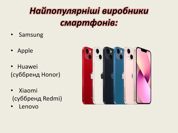 Найпопулярніші виробники смартфонів: Samsung. Apple. Huawei (суббренд Honor) Xiaomi (суббренд Redmi) Lenovo