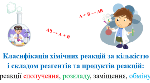 Презентація для учнів 9 класу на тему: «Класифікація хімічних реакцій за кількістю  і складом реагентів та продуктів реакцій: реакції сполучення, розкладу, заміщення, обміну».