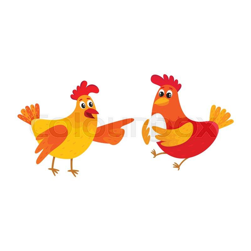 Two funny cartoon chickens pointing to something and raising wings | Stock vector | Colourbox