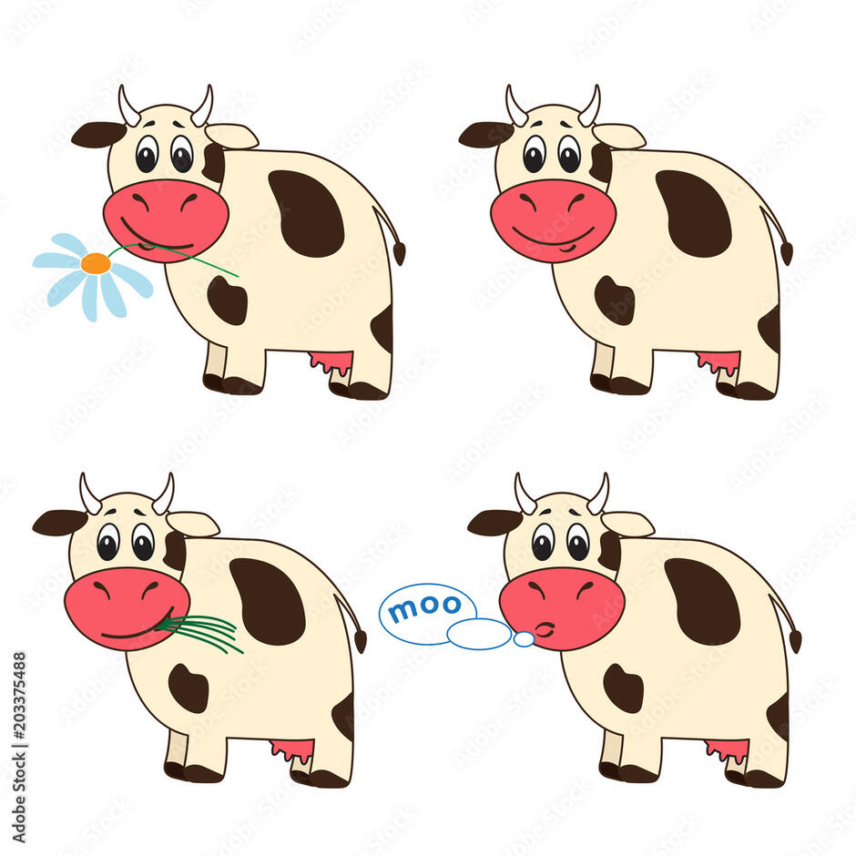 Set of four cartoon cows in different situations Stock Vector | Adobe Stock