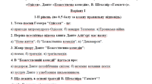 Контрольна робота 10 клас «Вступ. Золоті сторінки далеких епох. (Гомер «Одісея», Данте «Божествена комедія», В. Шекспір «Гамлет»)».