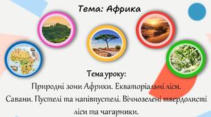 Природні зони Африки: екваторіальні ліси, савани, пустелі та напівпустелі, вічнозелені твердолисті ліси та чагарники. (7 клас)