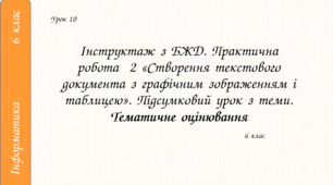 Інструктаж з БЖД. Практична робота № 2 «Створення текстового документа з графічним зображенням і таблицею». Підсумковий урок з теми. Тематичне оцінювання