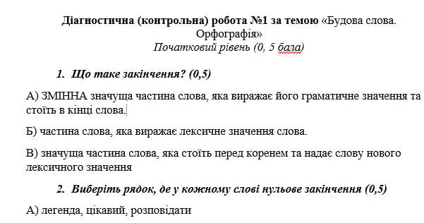 Діагностична (контрольна) робота №1 за темою «Будова слова. Орфографія ...