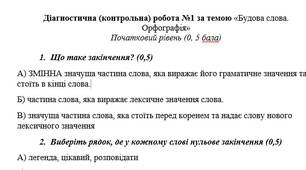 Діагностична (контрольна) робота №1 за темою «Будова слова.  Орфографія»