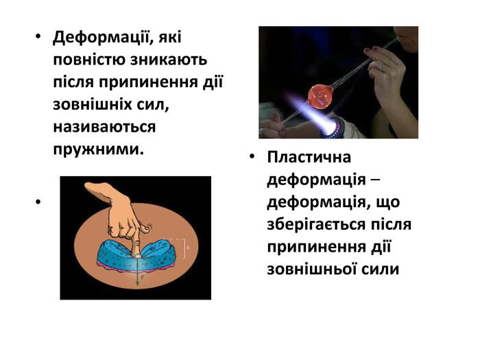 Деформації, які повністю зникають після припинення дії зовнішніх сил, називаються пружними. Пластична деформація – деформація, що зберігається після припинення дії зовнішньої сили