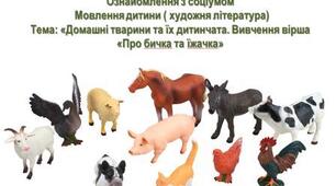 Інтегроване заняття  Ознайомлення з соціумом   Мовлення дитини ( художня література)  Тема: «Домашні тварини та їх дитинчата. Вивчення вірша  «Про бичка та їжачка»
