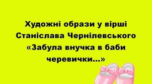 НУШ. 6 клас. Презентація  - конспект уроку "Художні образи у вірші Станіслава Чернілевського "Забула внучка в баби черевички…"