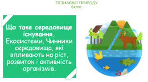 Урок на тему "Що таке середовище існування. Екосистеми. Чинники середовища, які впливають на ріст, розвиток і активність організмів." (Конспект, презентація, робочі картки для учнів)