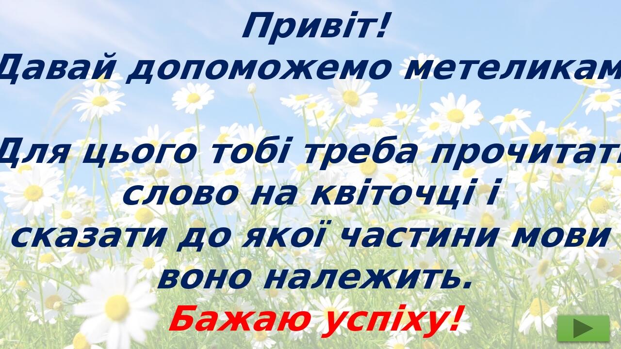 Привіт! Давай допоможемо метеликам! Для цього тобі треба прочитати слово на квіточці і сказати до якої частини мови воно належить. Бажаю успіху!