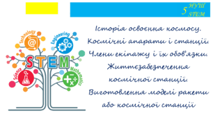 Історія освоєння космосу. Космічні апарати і станції. Члени екіпажу і їх обов’язки. Життєзабезпечення космічної станції. Виготовлення моделі ракети або космічної станції
