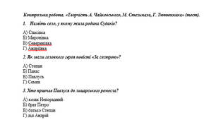Контрольна робота. «Творчість А. Чайковського, М. Стельмаха, Г. Тютюнника» (тест).