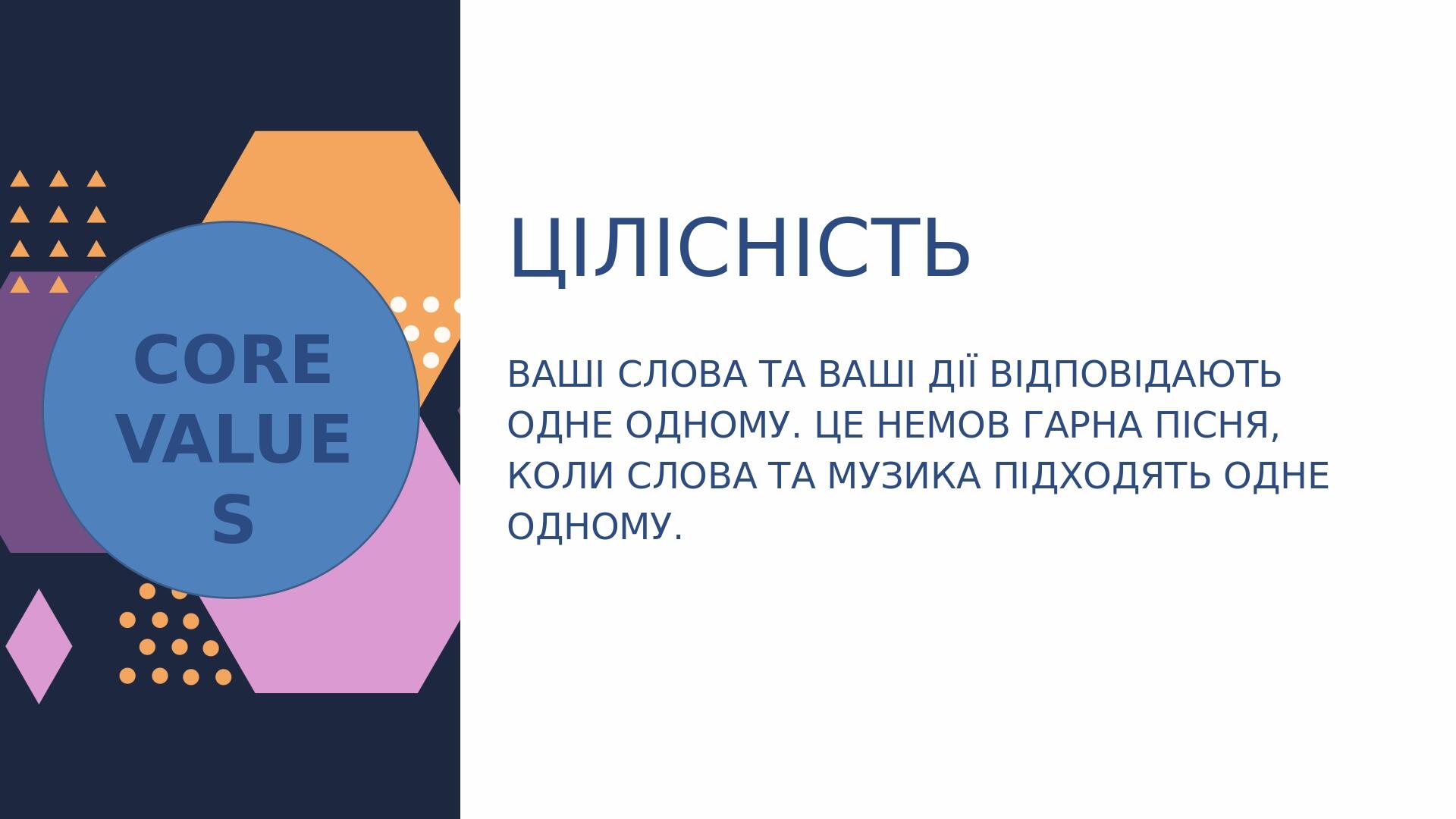 ЦІЛІСНІСТЬ ВАШІ СЛОВА ТА ВАШІ ДІЇ ВІДПОВІДАЮТЬ ОДНЕ ОДНОМУ. ЦЕ НЕМОВ ГАРНА ПІСНЯ, КОЛИ СЛОВА ТА МУЗИКА ПІДХОДЯТЬ ОДНЕ ОДНОМУ. CORE VALUES
