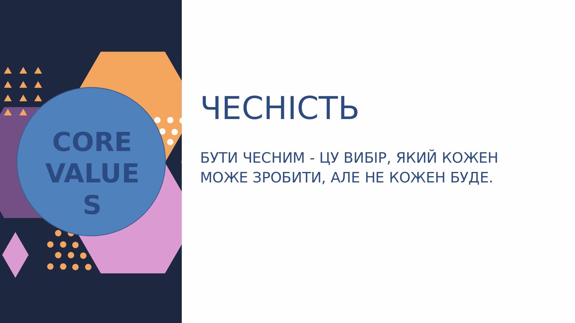 ЧЕСНІСТЬ БУТИ ЧЕСНИМ - ЦУ ВИБІР, ЯКИЙ КОЖЕН МОЖЕ ЗРОБИТИ, АЛЕ НЕ КОЖЕН БУДЕ. CORE VALUES
