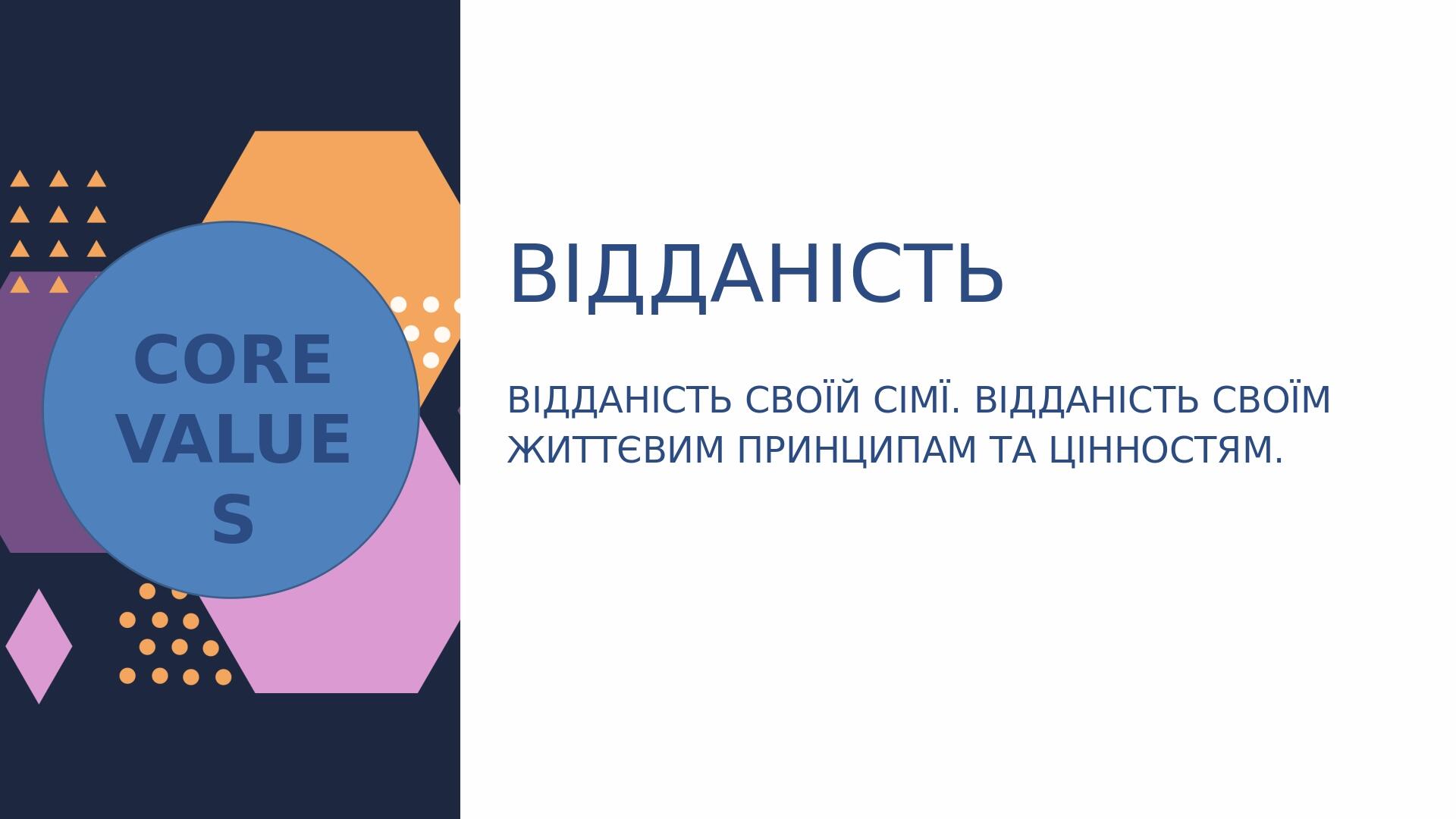 ВІДДАНІСТЬ ВІДДАНІСТЬ СВОЇЙ СІМЇ. ВІДДАНІСТЬ СВОЇМ ЖИТТЄВИМ ПРИНЦИПАМ ТА ЦІННОСТЯМ. CORE VALUES