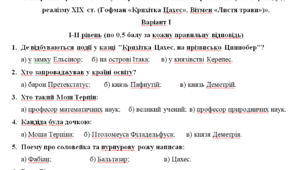 Контрольна робота 10 клас на тему: «Проза й поезія пізнього романтизму та переходу до реалізму ХІХ ст. (Гофман «Крихітка Цахес», Вітмен «Листя трави»)».